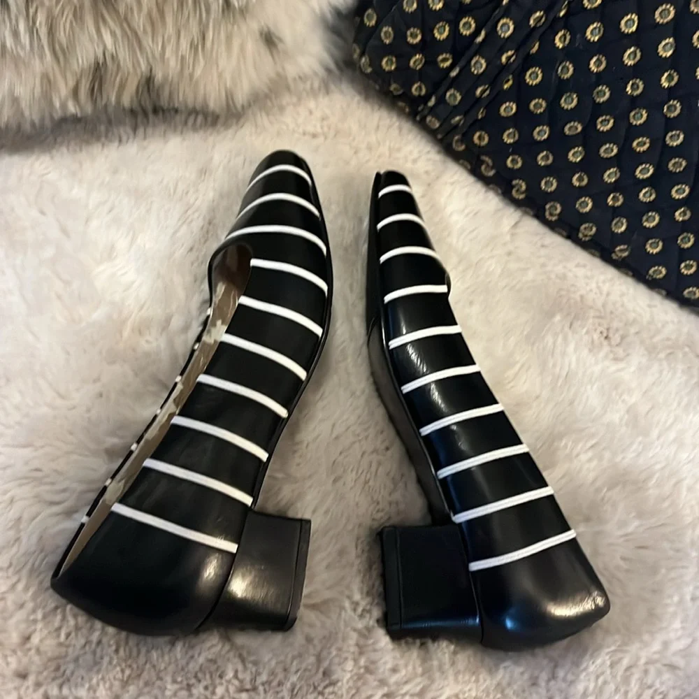 David Tate Womens Black and White Striped Leather Slip On Pumps Heels Sz 6.5W